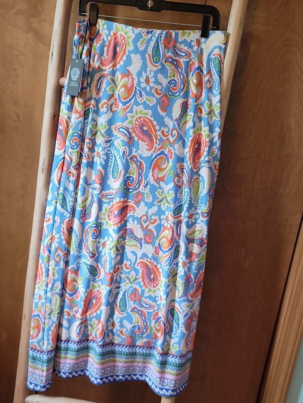 Vince Camuto Blue Paisley Print Maxi Skirt with Coral and Lime Accents